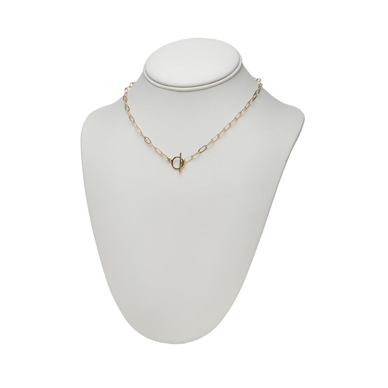 14k Gold Filled Paper Clip Chain with toggle clasp on a neck display