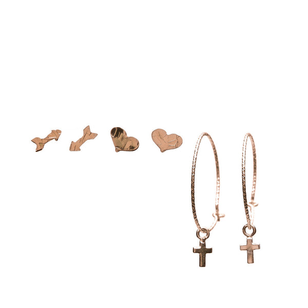 Rose Gold Filled hammered arrow and heart studs with cross huggies set