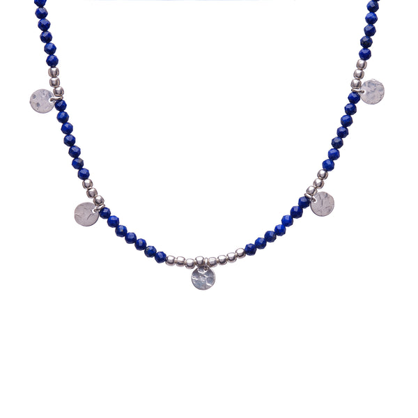 Semi-precious Lapis beaded necklace with Sterling Silver disc charms