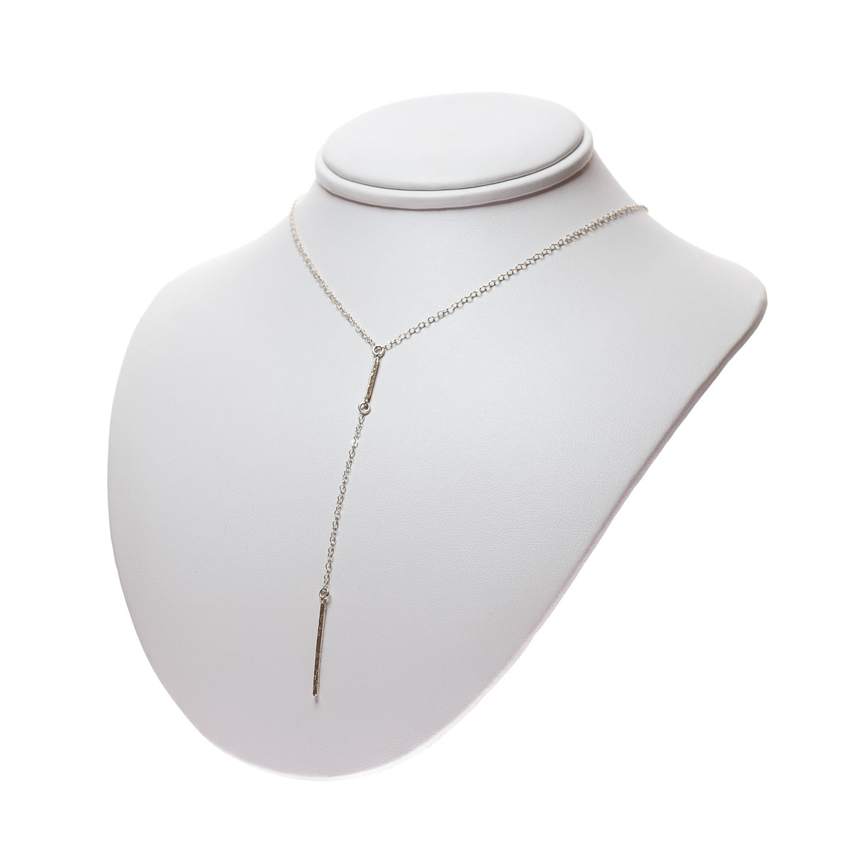 Sterling Silver Bar Lariat Necklace on neck display