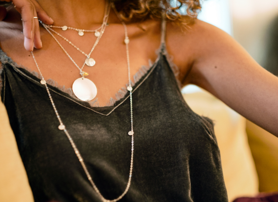 Model layers Sterling Silver Minimalist Disc Necklace with Five Disc Choker and Long 10 Disc Talia Necklace