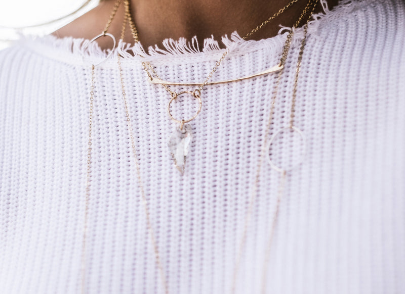 Model wears the 14k Gold Filled Bar Necklace layered with layering chains