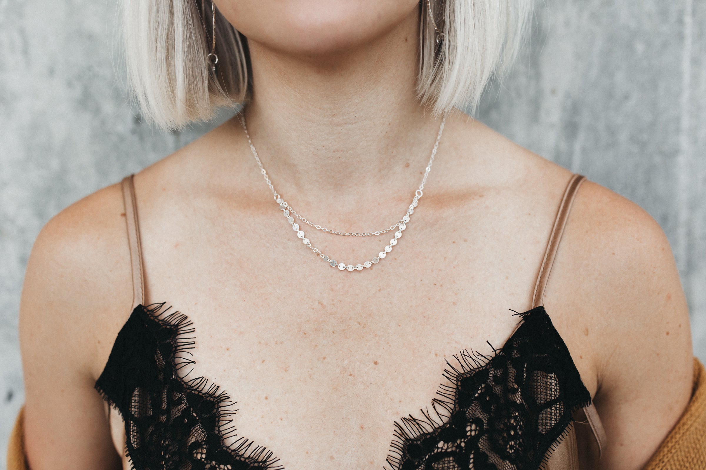 Model wears the Sterling Silver Layering Necklace from the Kenda Kist Mykonos collection