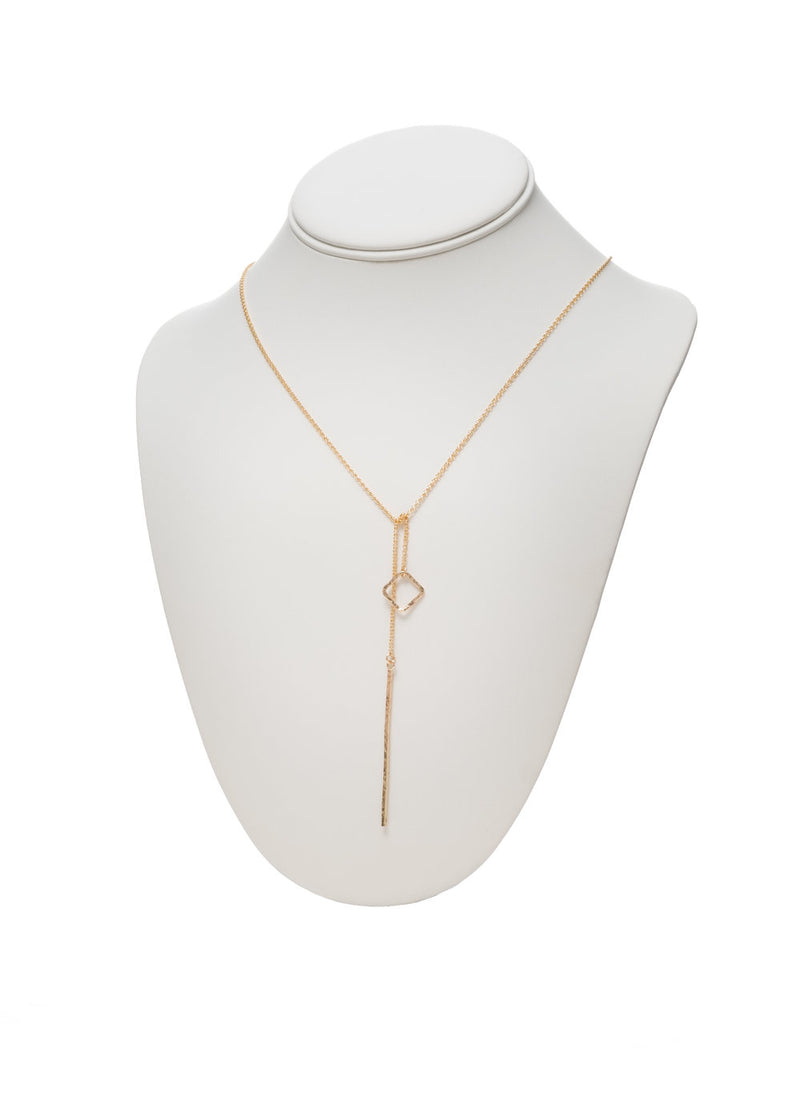Geometric Lariat Necklace with Square Charm on a neck display