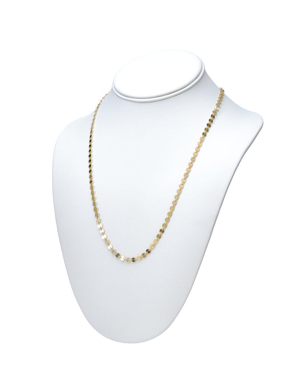Flat disc chain Mykonos Necklace on a neck display
