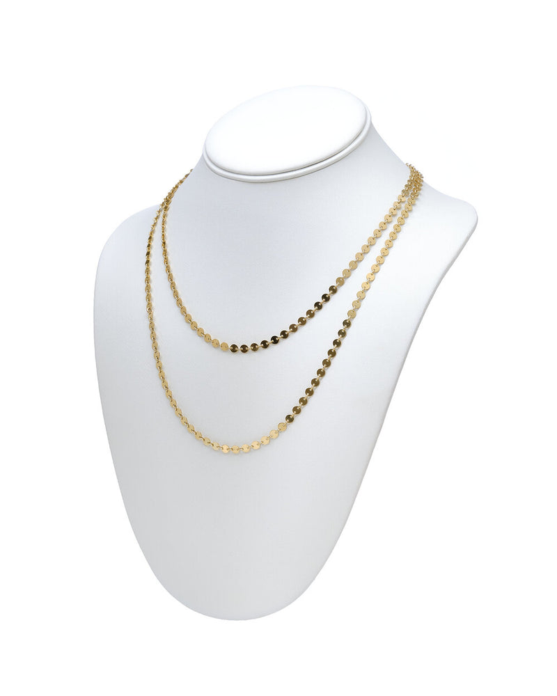 Flat disc chain Mykonos Necklace worn double on a neck display