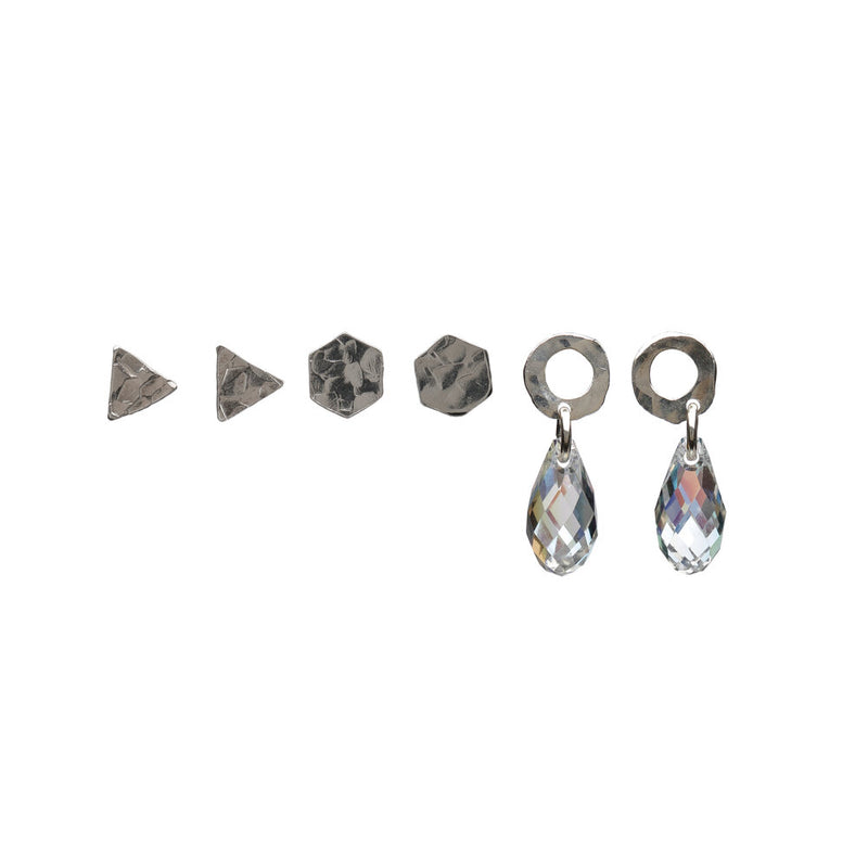 Sterling Silver tiny triangle studs, tiny hexagon studs and crystal drop circle studs triple earring set
