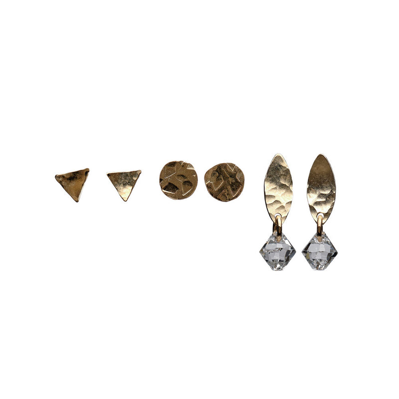 14k Gold Filled Tiny triangle studs, tiny disc studs, leaves studs with Swarovski® Crystal drops triple earring set