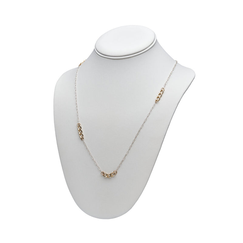 Two tone 14k Gold Filled and Sterling Silver Cami necklace on a neck display