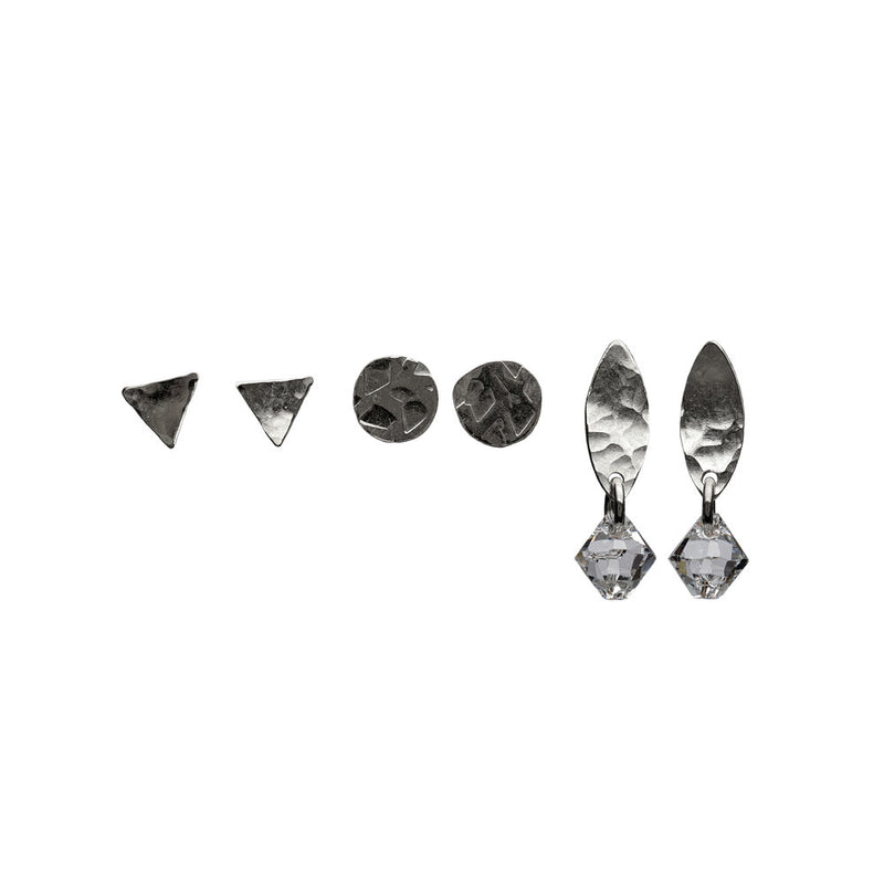 Set of Kenda Kist Sterling Silver Tiny triangle studs, tiny disc studs, leaves studs with Swarovski® Crystal drops