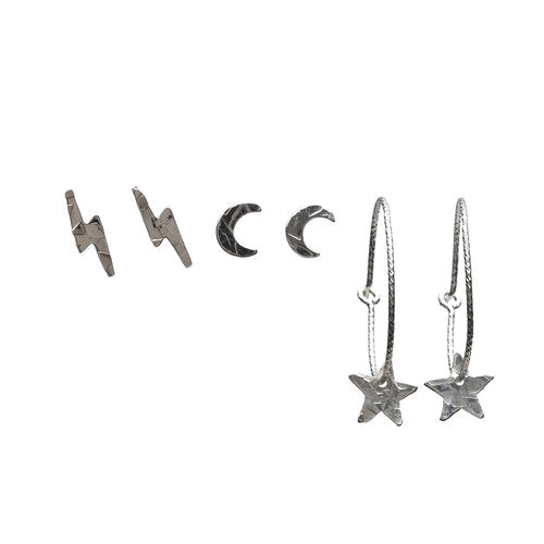 Set of Kenda Kist lightning studs, moon studs and star huggies earring in Sterling Silver