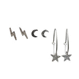Set of Kenda Kist lightning studs, moon studs and star huggies earring in Sterling Silver