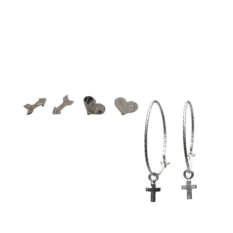 Sterling silver set of hammered arrow and heart studs with cross huggies earrings