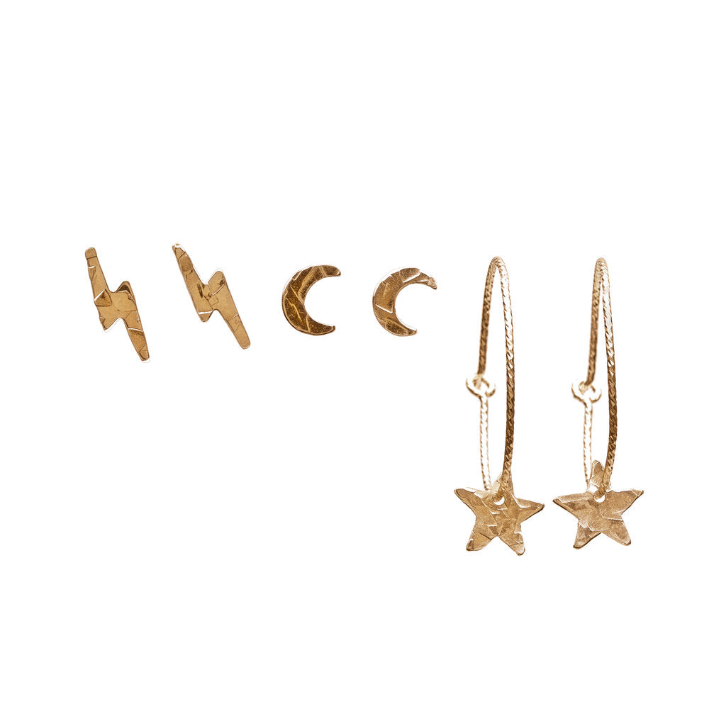 14k Gold Filled Lightning studs, moon studs and star huggies earring set