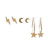 14k Gold Filled Lightning studs, moon studs and star huggies earring set