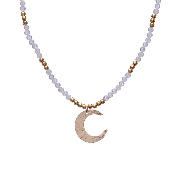14k Gold Filled Crescent Moon Pendant on the Vibrancy Collection Moonstone beaded necklace