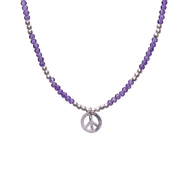 Amethyst Semi Precious Bead Necklace with Sterling SIlver Peace Sign Charm
