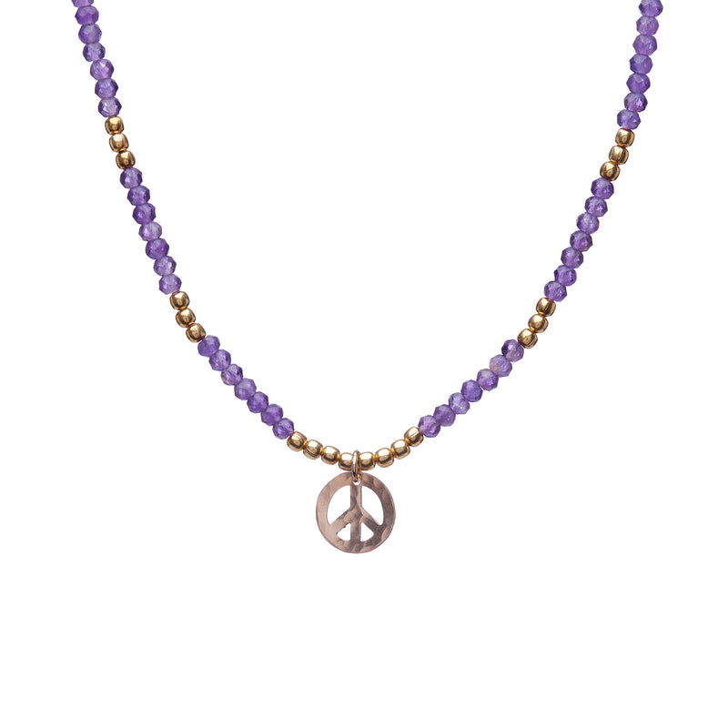 Amethyst Semi Precious Bead Necklace with 14k Gold Filled Peace Sign Charm