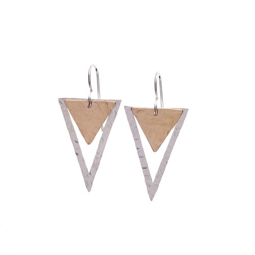 Two tone hammered metal 14k Rose Gold and Sterling Silver Triangle Earrings