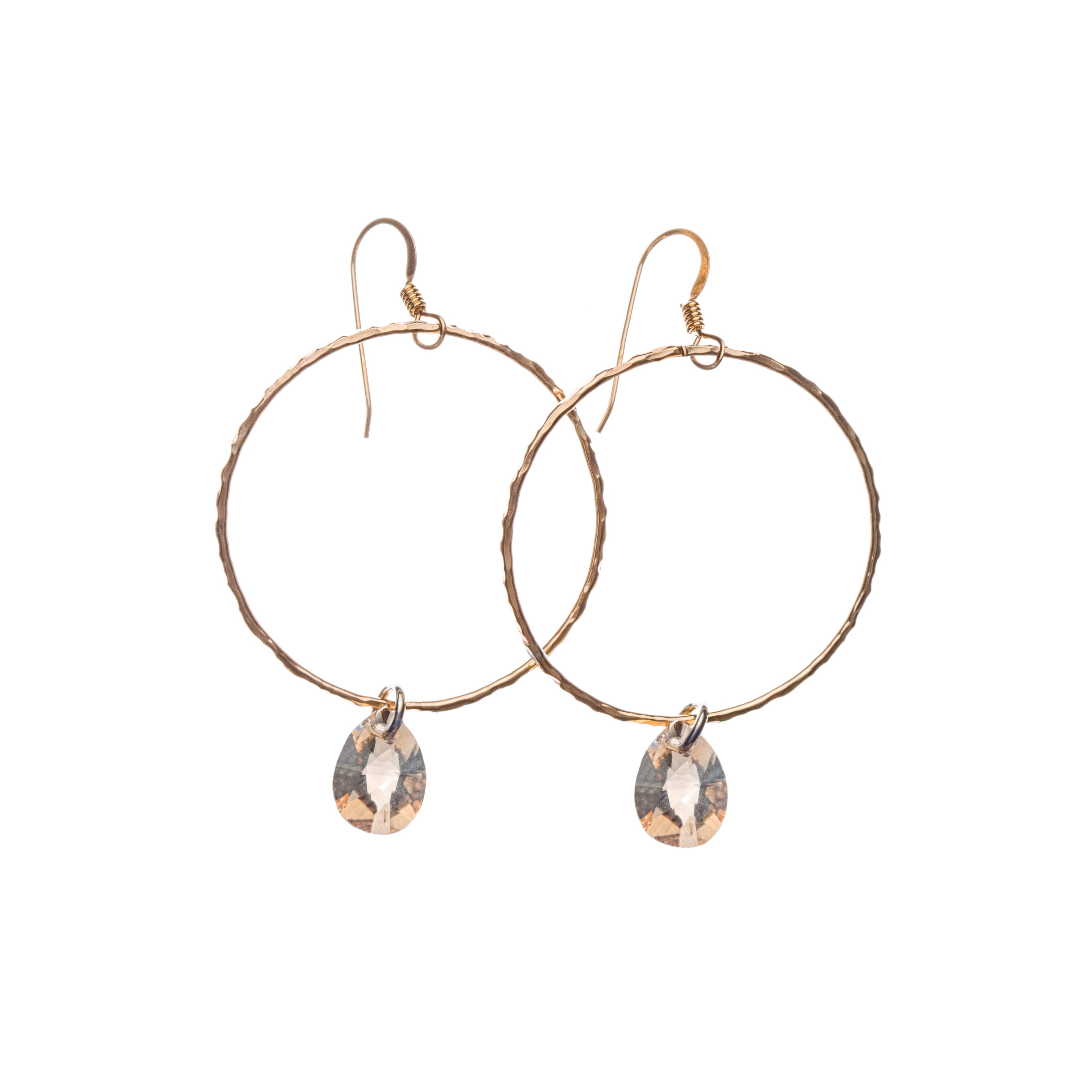 14k Gold Filled large circle hoop earrings with Swarovski® Golden Shadow crystal drop