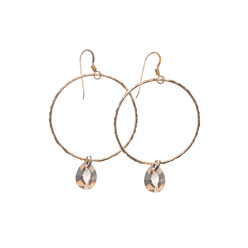 14k Gold Filled large circle hoop earrings with Swarovski® Golden Shadow crystal drop