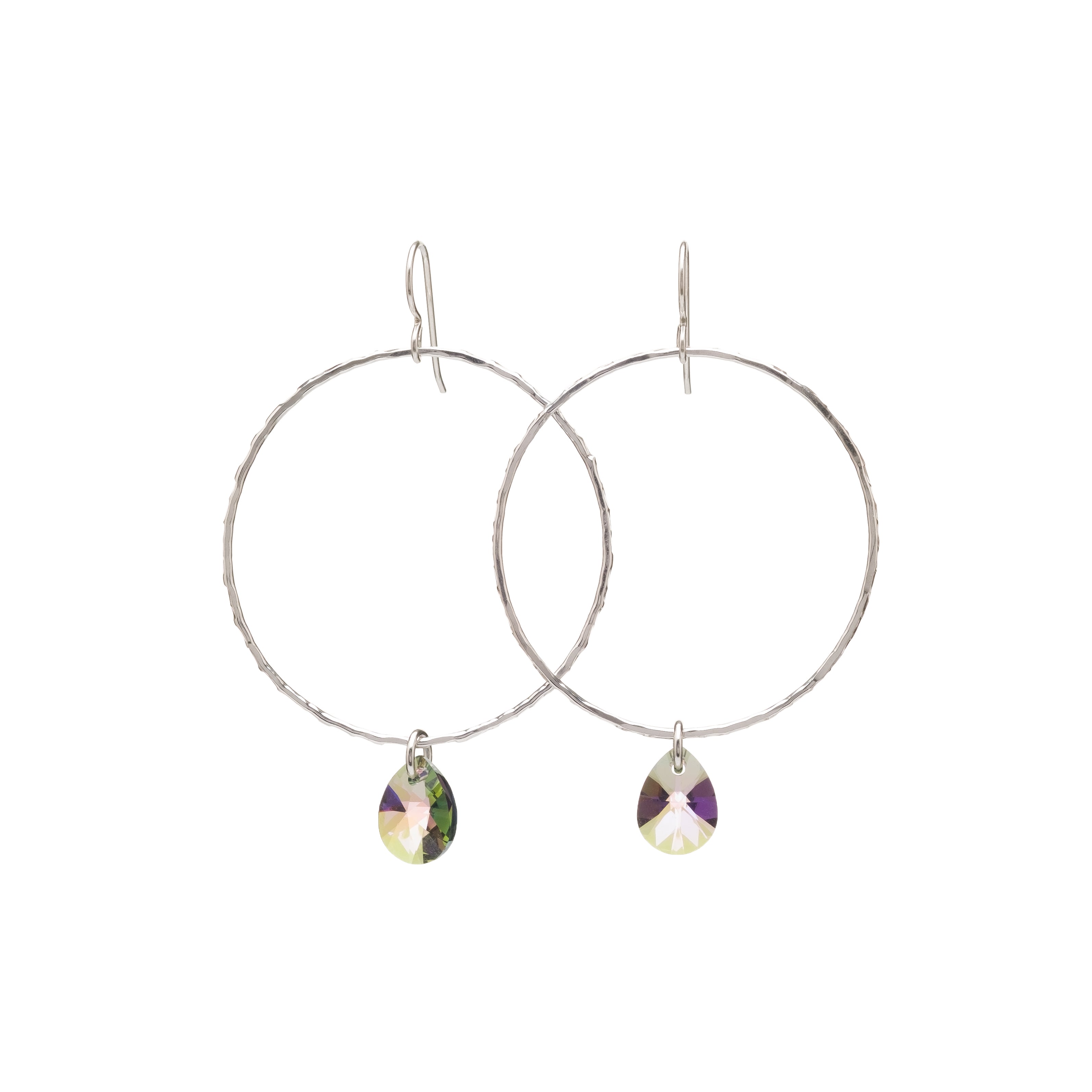 Sterling Silver large circle hoop earrings with Swarovski® AB crystal drop