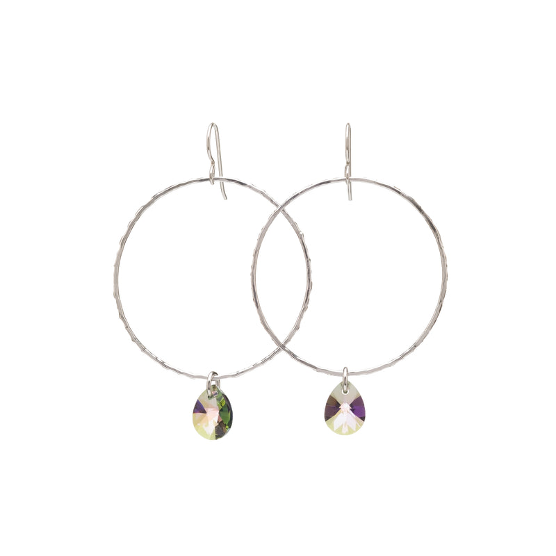 Sterling Silver large circle hoop earrings with Swarovski® AB crystal drop