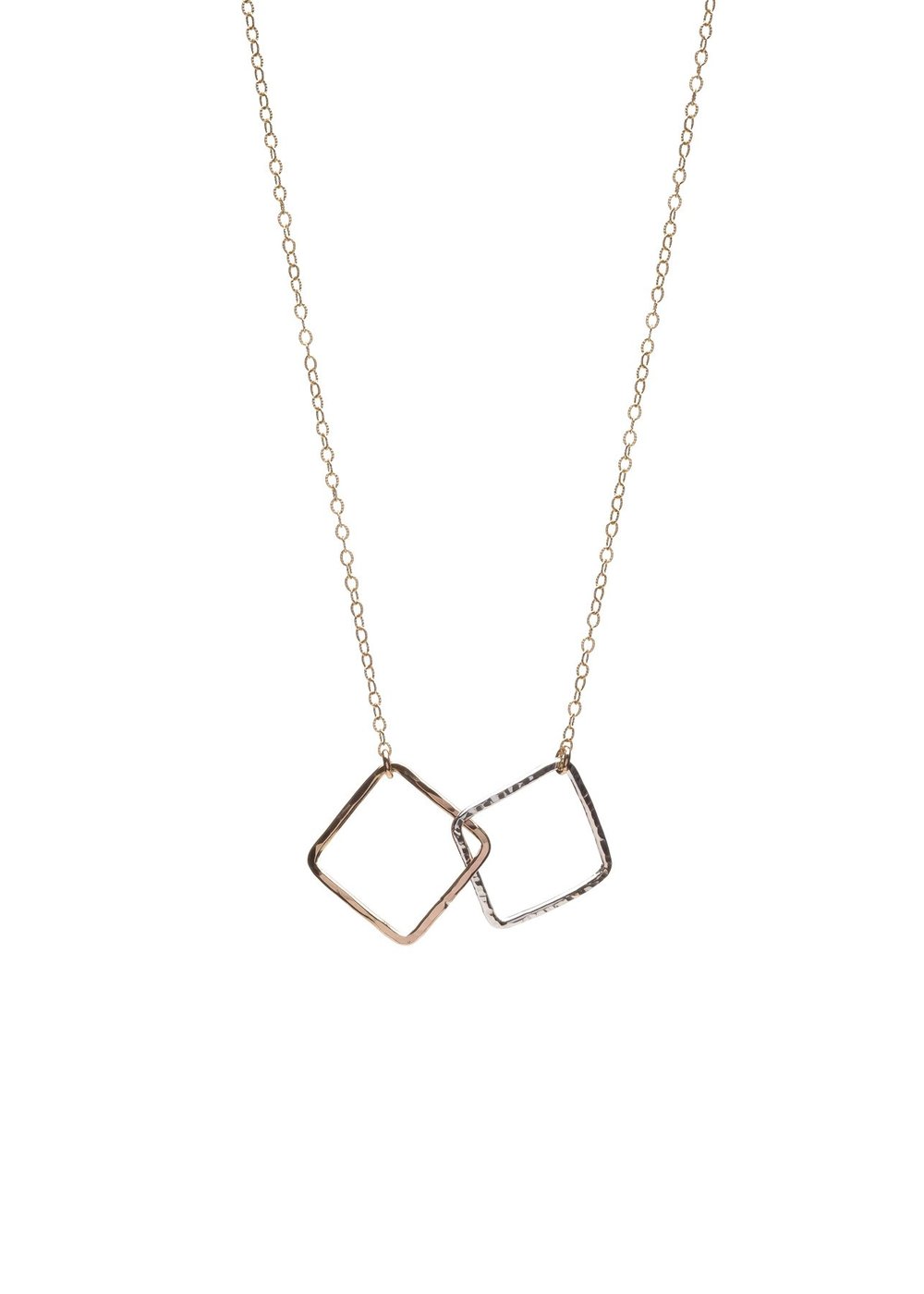 Two-toned 14k Gold Filled and Sterling Silver interlocking squares on a chain necklace
