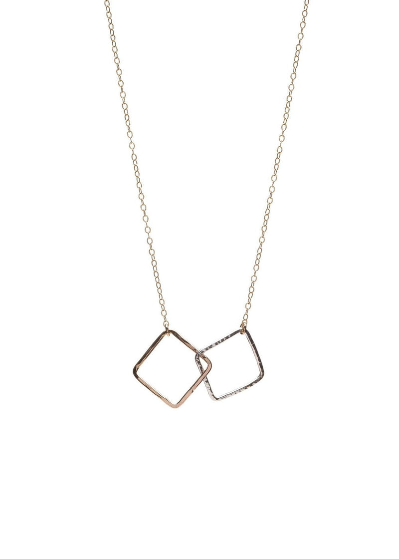 Two-toned 14k Gold Filled and Sterling Silver interlocking squares on a chain necklace