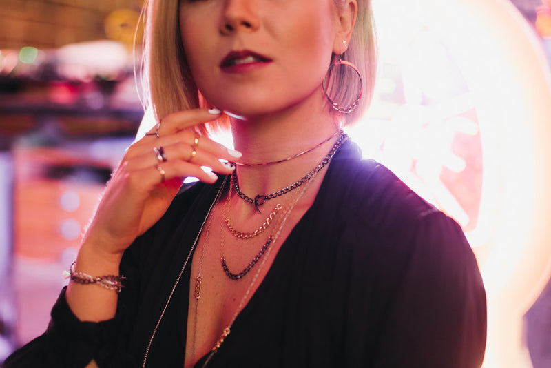 Model wears the Janis necklace with Twisted Neckwire, Gwen necklace and The Blondie Hoop Earrings