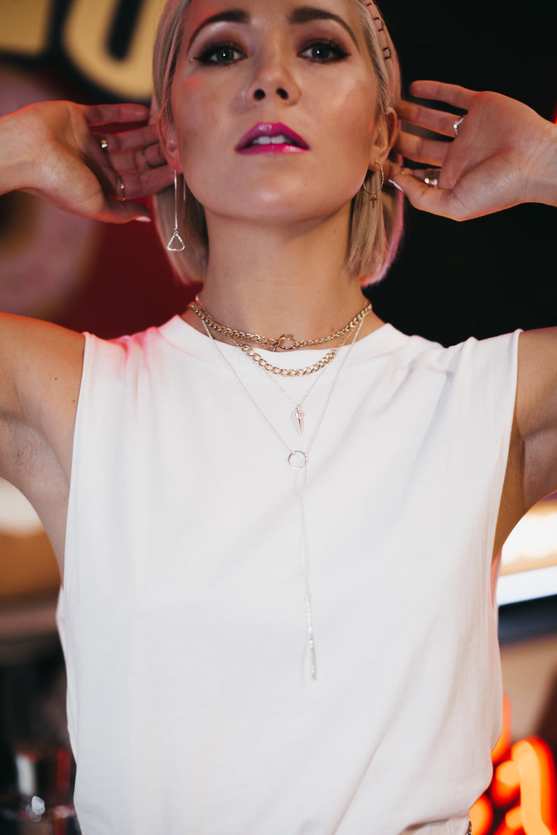 Model wears the Everyday Chain Necklace with Circle Stick lariat and Chain Toggle Necklace