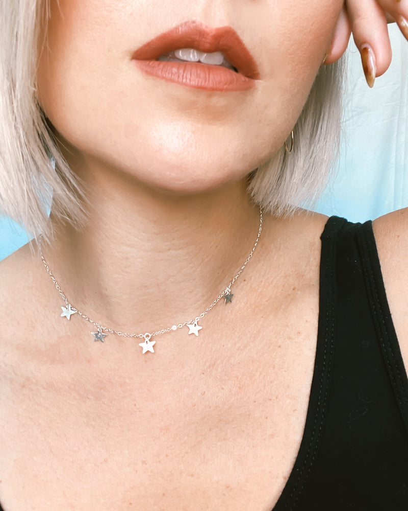 Model wears the Sterling Silver Five Star Choker Necklace