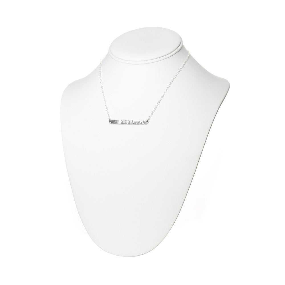 Roman Numerals Personalized Plate Necklace on a neck display