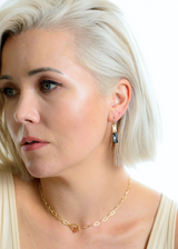 Model pairs the Kenda Kist Rectangle Crystal earrings with a paperchain toggle necklace
