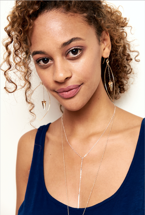 Model wears 14k Gold Filled Erin Earrings with layers of necklaces