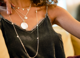 Model layers Sterling Silver Minimalist Disc Necklace with Five Disc Choker and Long 10 Disc Talia Necklace