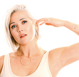 Model styles the Kenda Kist Circle Cross earrings with the large circle shine necklace