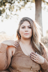 Model wears the Circle Signature Shape Necklace with Crystal Rectangle Lariat