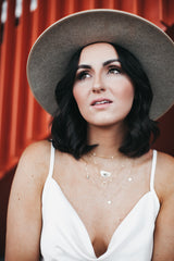 Model wears the Dainty Geometric Necklace with Circle Charm and Half Moon necklace and 5 Disc Talia Necklace