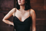 Model wears the V-shaped Necklace with Rectangle Necklace and Circle Stick lariat Necklace