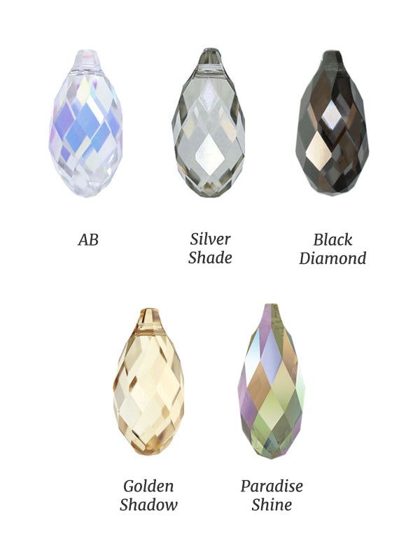 Faceted Swarovski® Crystal choices in AB Crystal, Silver Shade, Black Diamond, Golden Shadow and Paradise Shine
