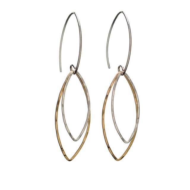 Two tone hammered metal marquis ellipse earrings