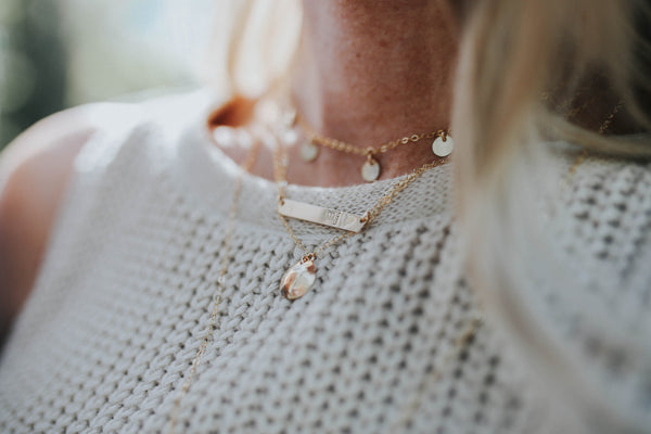 Model wears the Personalized Word Plate Necklace with the 5 disc choker necklace