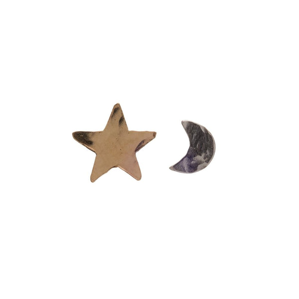 Tiny Star & Moon Stud earrings in two tone 14k Gold Filled and Sterling Silver